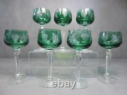 Set of 7 Emerald Green Czech Cut to Clear Glass Wine Goblets Glasses 7