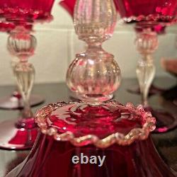 Set of 7 Venetian Murano Hand Blown Art Glass Gold Ruby Red 6 1/4 Wine Goblet