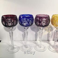 Set of 8 Czech Multi Color BOHEMIAN GLASS CUT TO CLEAR 8 1/4 Wine Hock Glasses