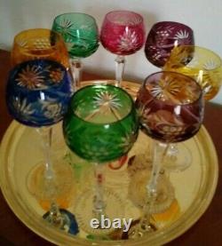 Set of 8 Czech Multi Color BOHEMIAN GLASS CUT TO CLEAR 8 1/4 Wine Hock Glasses