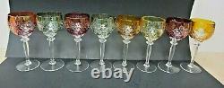 Set of 8 Multi Color BOHEMIAN GLASS CUT TO CLEAR Wine Glasses Goblets Free S&H