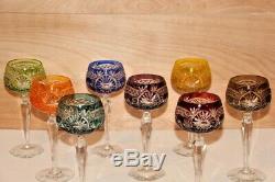 Set of 8 Vintage Bohemian Cut To Clear Crystal Wine Hocks Cobalt Etched NEW