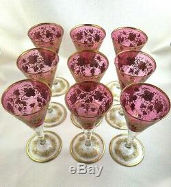 Set of 9 Antique MOSER 7 1/8 Wine Glass Bohemian Cranberry Gold Gilt Enamel