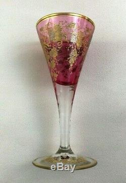 Set of 9 Antique MOSER 7 1/8 Wine Glass Bohemian Cranberry Gold Gilt Enamel