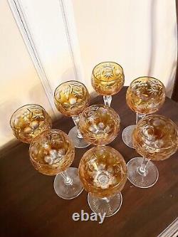 Set of Eight Nachtmann Traube Crystal Amber Cut to Clear Wine Glasses 6 7/8