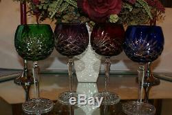 Set of Four Large Bohemian Colored Cut-to-Clear Balloon Wine Stems