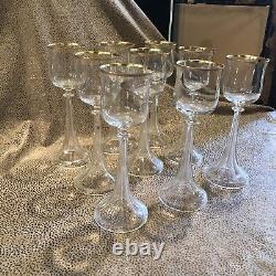 Set of Nine French Crystal Gold Rimmed Hollow Stem Wine Glasses