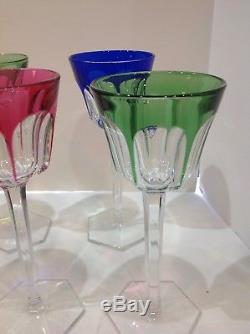 Signed Baccarat set 12 cut wine goblets 4 colors. Vintage. France. Compiegne