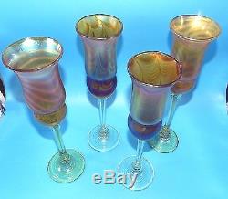 Signed Brim Set 4 Hand Blown Iridescent Champagne Wine Flute Glass 12 Tall XL