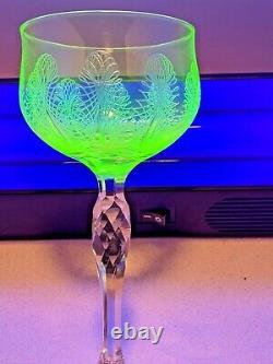 St. Louis Baccarat Vaseline Needle Etch Oval Leaf Faceted Stem Wine Glass Set