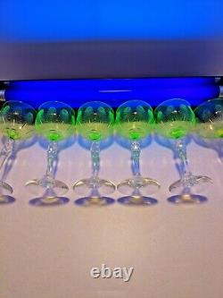 St. Louis Baccarat Vaseline Needle Etch Oval Leaf Faceted Stem Wine Glass Set