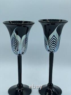 Steven Correia Cobalt Black Silver Pulled Feather Wine Art Glass Signed Set 4