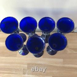 Steven Correia Set of 7 Cobalt Blue Silver Pulled Feather Tall Wine Glasses