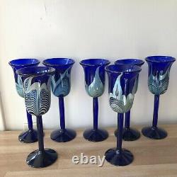 Steven Correia Set of 7 Cobalt Blue Silver Pulled Feather Tall Wine Glasses