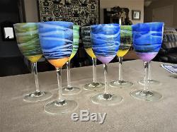 Steven Maslach Signed Vernal Art Glass Set Of 8 Wine Goblets New Unused
