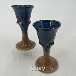 Studio Pottery Chalice Blue Brown Glaze Hand Crafted Wine Glasses Rare Set of 2