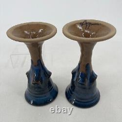 Studio Pottery Chalice Blue Brown Glaze Hand Crafted Wine Glasses Rare Set of 2