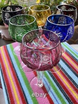 Stunning Bohemian Crystal Coloured Wine / Hock Glasses Set Of 6 Mint & Unused