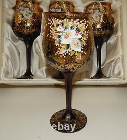 Stunning Bohemian Czech Enameled Decorated Wine Glasses Boxed Set 6