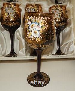 Stunning Bohemian Czech Enameled Decorated Wine Glasses Boxed Set 6
