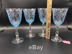 Stunning Fostoria Azure Blue Etched Navarre Water Wine Glasses Goblets Set Of 18