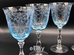 Stunning Fostoria Azure Blue Etched Navarre Water Wine Glasses Goblets Set Of 18