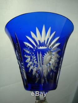Stunning Set, 6 Bohemian Glasses, Sapphire Blue Flash Cut To Clear Wine Glasses