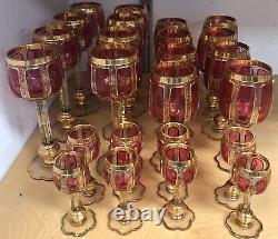 Superb Complete Set of 24 Antique Bohemian Cabochon Cranberry Wine Glasses
