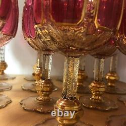 Superb Complete Set of 24 Antique Bohemian Cabochon Cranberry Wine Glasses