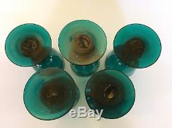Superb Set Of 5 Green Engraved Wine Glasses. 19th Century