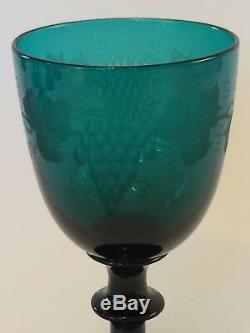 Superb Set Of 5 Green Engraved Wine Glasses. 19th Century