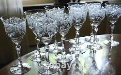 Superb Vintage Set 10 WINE GLASSES CUT CRYSTAL Cut Foot/Lattice & Leaf 6.75