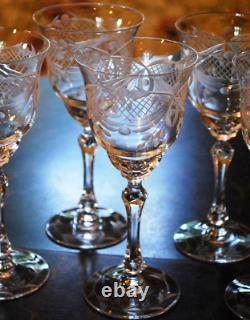 Superb Vintage Set 10 WINE GLASSES CUT CRYSTAL Cut Foot/Lattice & Leaf 6.75