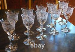 Superb Vintage Set 10 WINE GLASSES CUT CRYSTAL Cut Foot/Lattice & Leaf 6.75