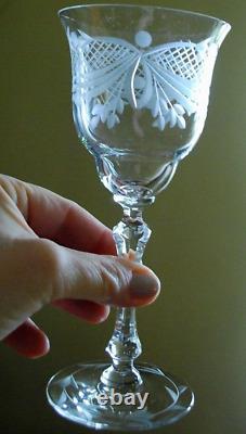 Superb Vintage Set 10 WINE GLASSES CUT CRYSTAL Cut Foot/Lattice & Leaf 6.75