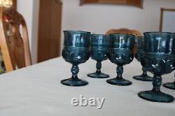 Thumb Print Turquoise Blue King Crown Vtg Set Of 20 Indiana Glass Wine Goblet's