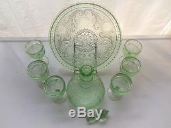 Tiara Indiana Glass Chantilly Green Sandwich Wine Decanter 9 piece Set