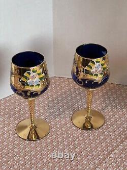 Tre Fuochi Venetian Murano Glass. Cobalt Blue 24k Gold Wine Set, 5 wine glasses