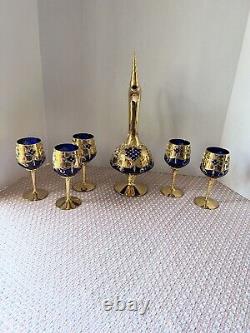 Tre Fuochi Venetian Murano Glass. Cobalt Blue 24k Gold Wine Set, 5 wine glasses