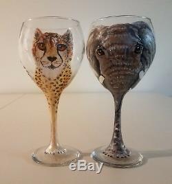 Unique Set 6 Hand Painted Safari Jungle Animal Wine Glasses Elephant Tiger, etc