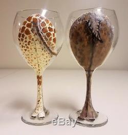 Unique Set 6 Hand Painted Safari Jungle Animal Wine Glasses Elephant Tiger, etc
