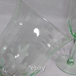 Uranium Glass Wine Goblets Glasses Etched Scalloped Walls 4 Pcs Vintage