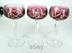 VAL ST LAMBERT SET / 3 CRANBERRY RED CUT To Clear BONN FANTASY WINE GLASSES 7