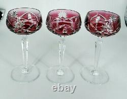 VAL ST LAMBERT SET / 3 CRANBERRY RED CUT To Clear BONN FANTASY WINE GLASSES 7