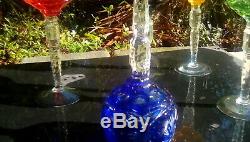VINTAGE Multi-Color SET -5 Cut to Clear Crystal Wine Glasses Czech-Bohemian