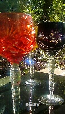 VINTAGE Multi-Color SET -5 Cut to Clear Crystal Wine Glasses Czech-Bohemian