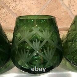 VTG Diamond Cut Green Balloon Styles Crystal Stemless Wine Glass. Set/4