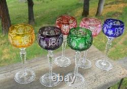 VTG Set 6 Colorful Cut Etched Bohemian/Czech Crystal Wine Goblet Stemware 8.5