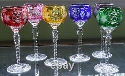 VTG Set 6 Colorful Cut Etched Bohemian/Czech Crystal Wine Goblet Stemware 8.5