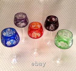 VTG Set of 5 Bohemian/Czech Colored Cut to Clear Multicolor CRYSTAL WINE GLASSES